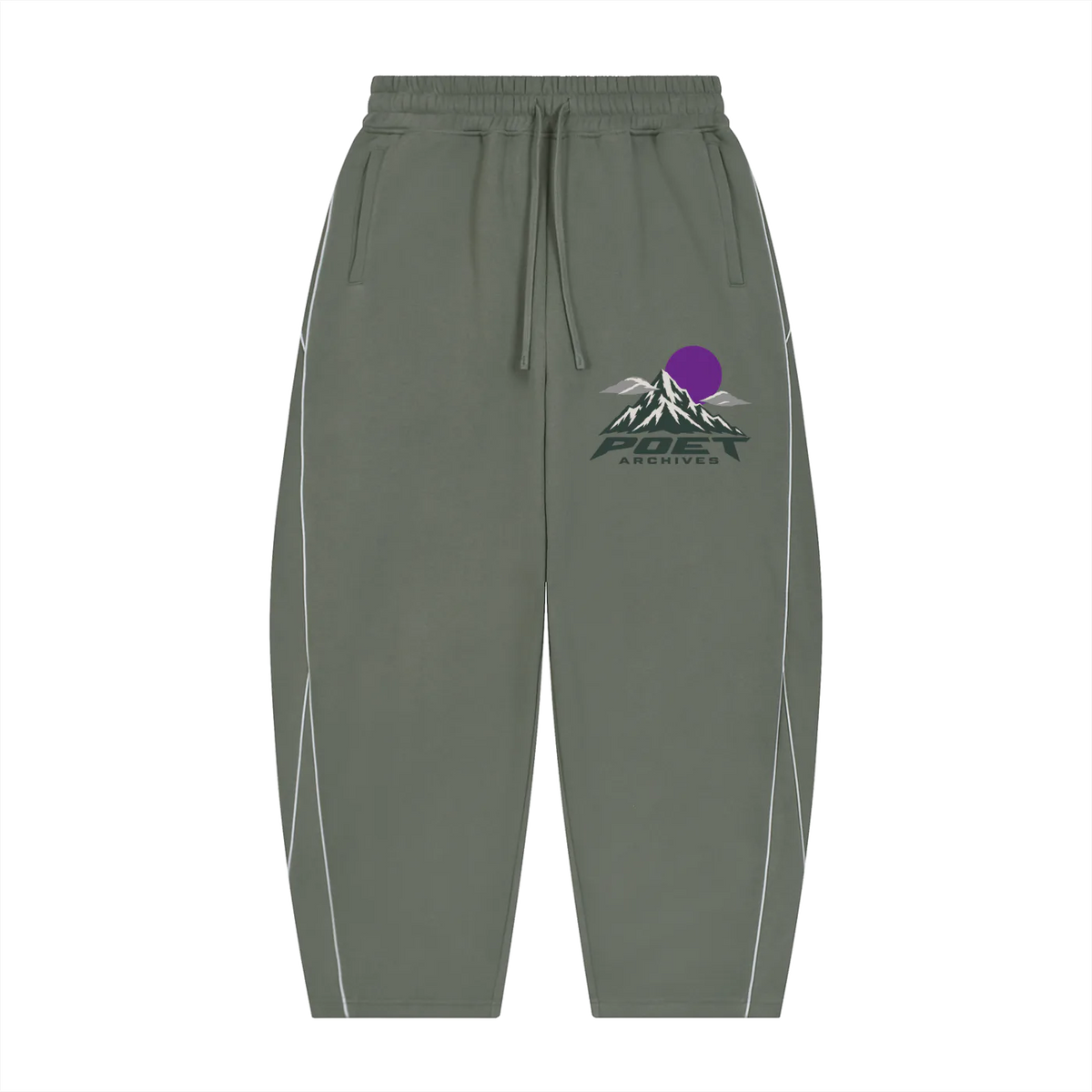Olive green jogger sweatpants with a drawstring waist, featuring a mountain and sun graphic with the text 'POET ARCHIVES' on the left thigh and white piping details along the sides.