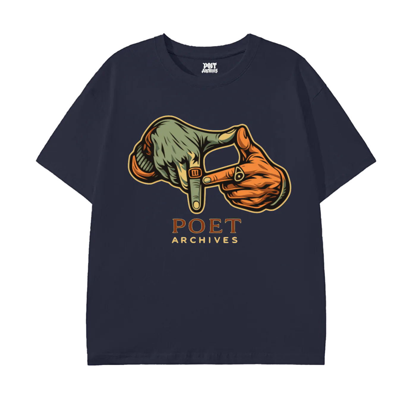 Navy blue t-shirt with graphic design and 'POET ARCHIVES' text on a white background