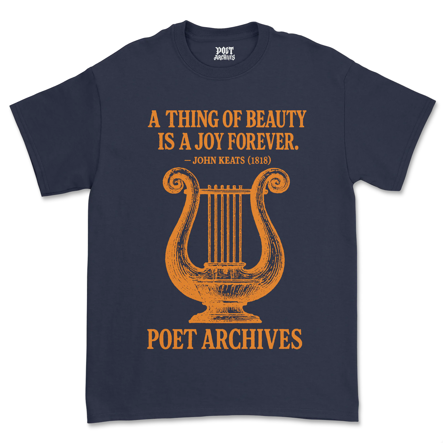 Navy blue t-shirt with orange lyre design and text on a white background