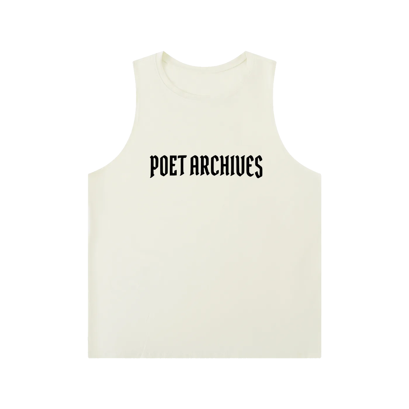 White tank top with 'POET ARCHIVES' text on a white background