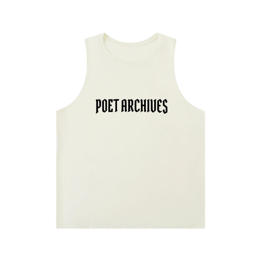 White tank top with 'POET ARCHIVES' text on a white background