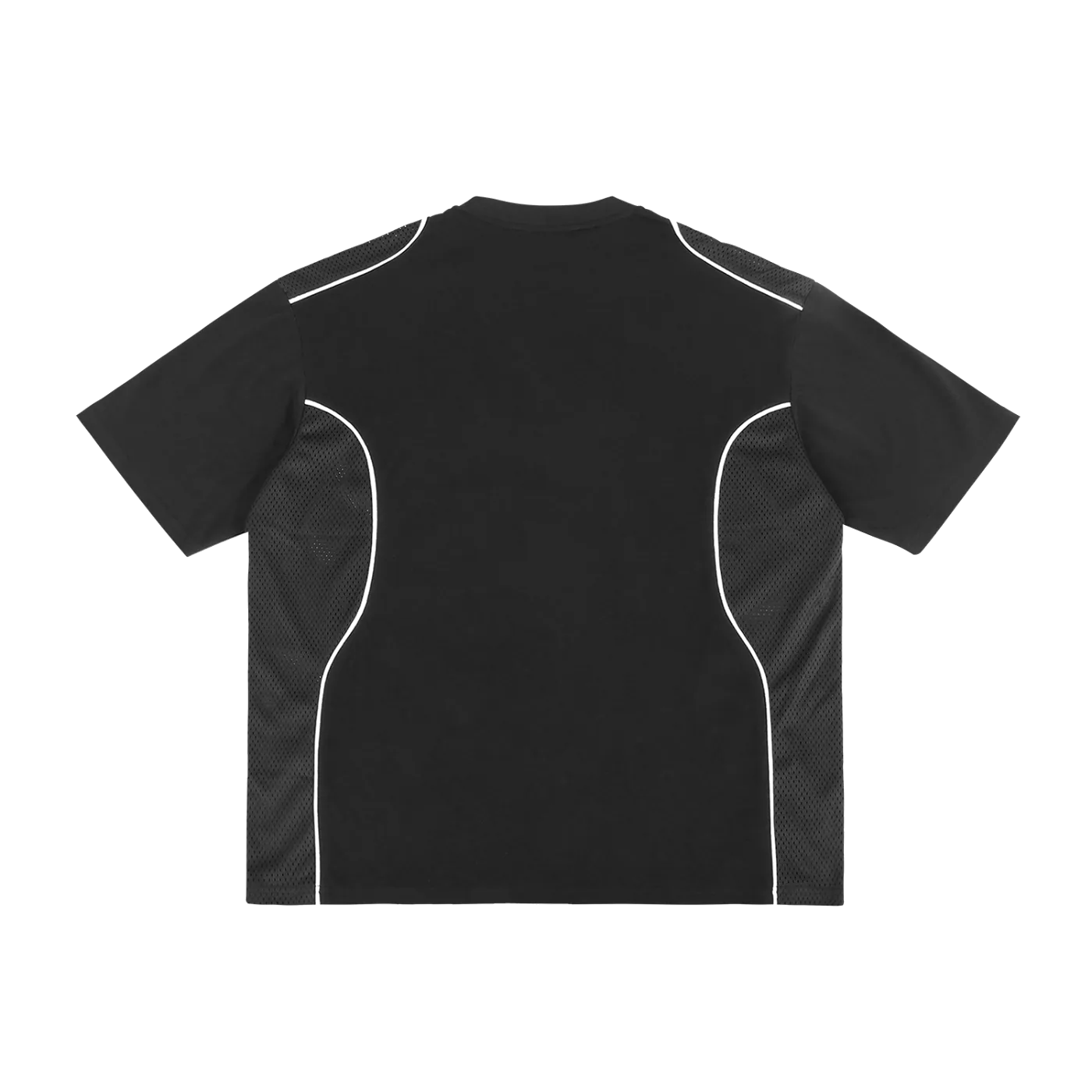 Black t-shirt with white accents on a white background