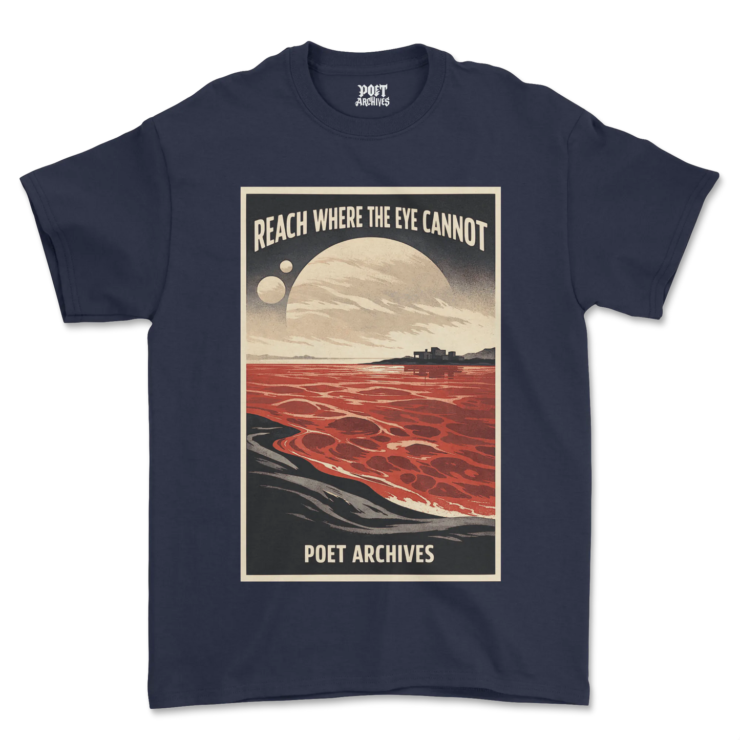 Navy blue t-shirt with a graphic design featuring text and a landscape on a white background