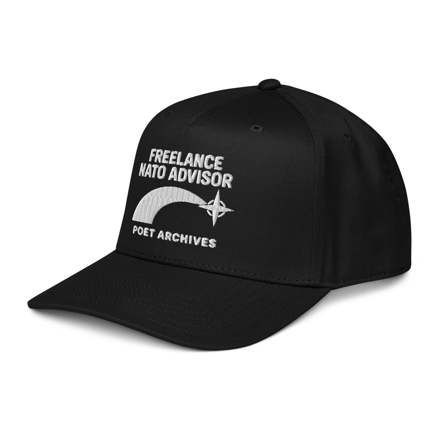 Black cap with white text and logo on a white background