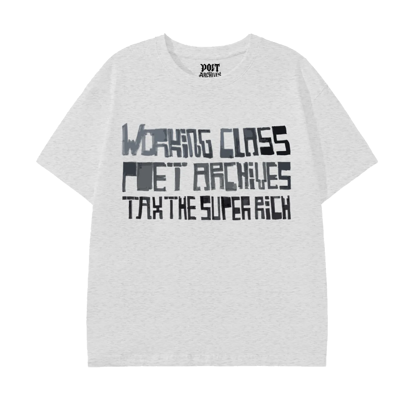 Gray t-shirt with black text on a white background