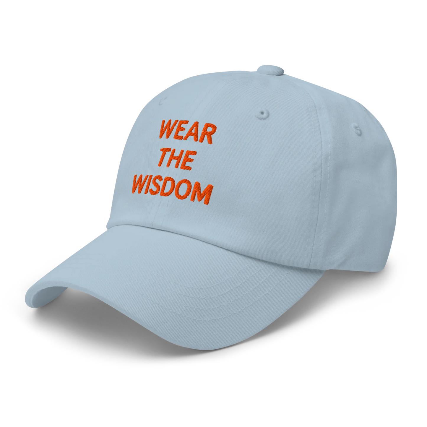 Light blue cap with 'Wear the Wisdom' text in orange on a white background