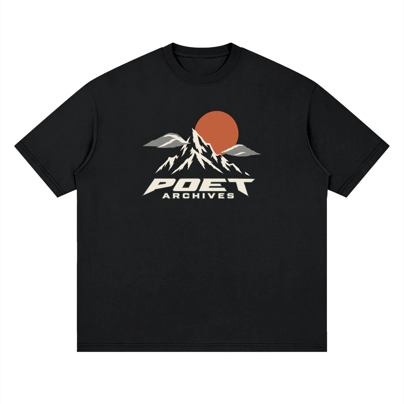 A black short-sleeve crewneck t-shirt featuring a retro mountain graphic with a rising orange sun and the text 'POET ARCHIVES' printed on the chest.