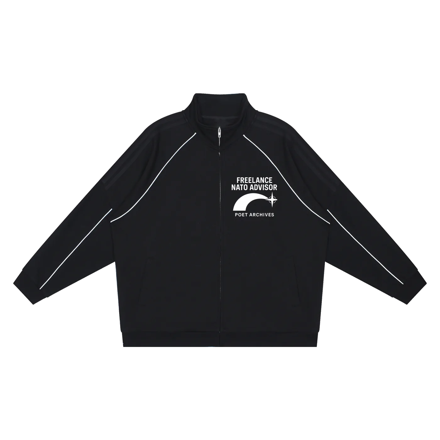 Black jacket with white text and logo on a white background