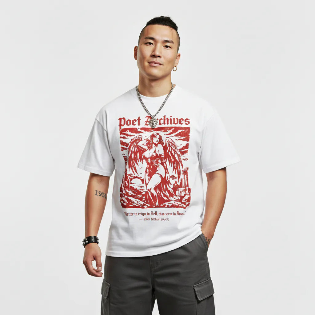 Person wearing a white t-shirt with red graphic design and text on a plain background