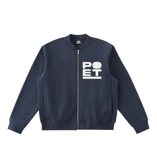 Navy blue jacket with 'POET' logo on a white background