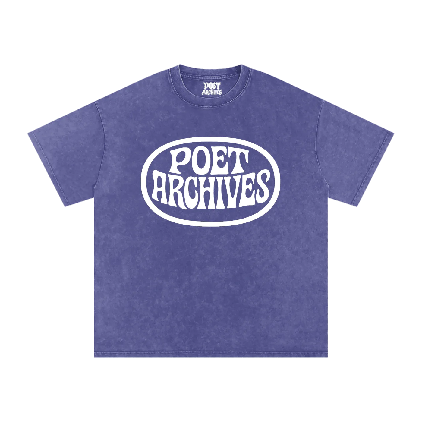 Poet Archives 250 GSM acid wash oversized T-shirt in navy. Vintage finish with skater, punk, and emo streetwear style.