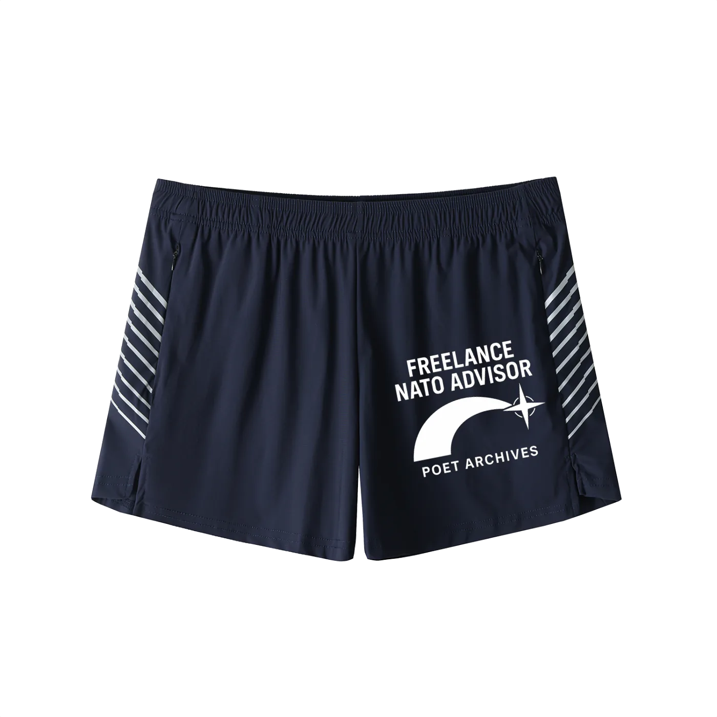Navy shorts with white text and stripes on a white background