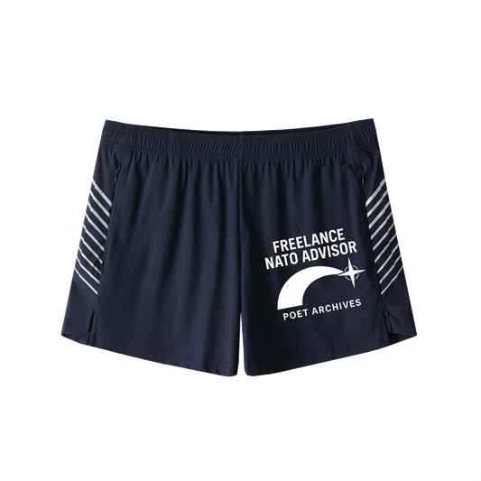 Navy shorts with white text and stripes on a white background