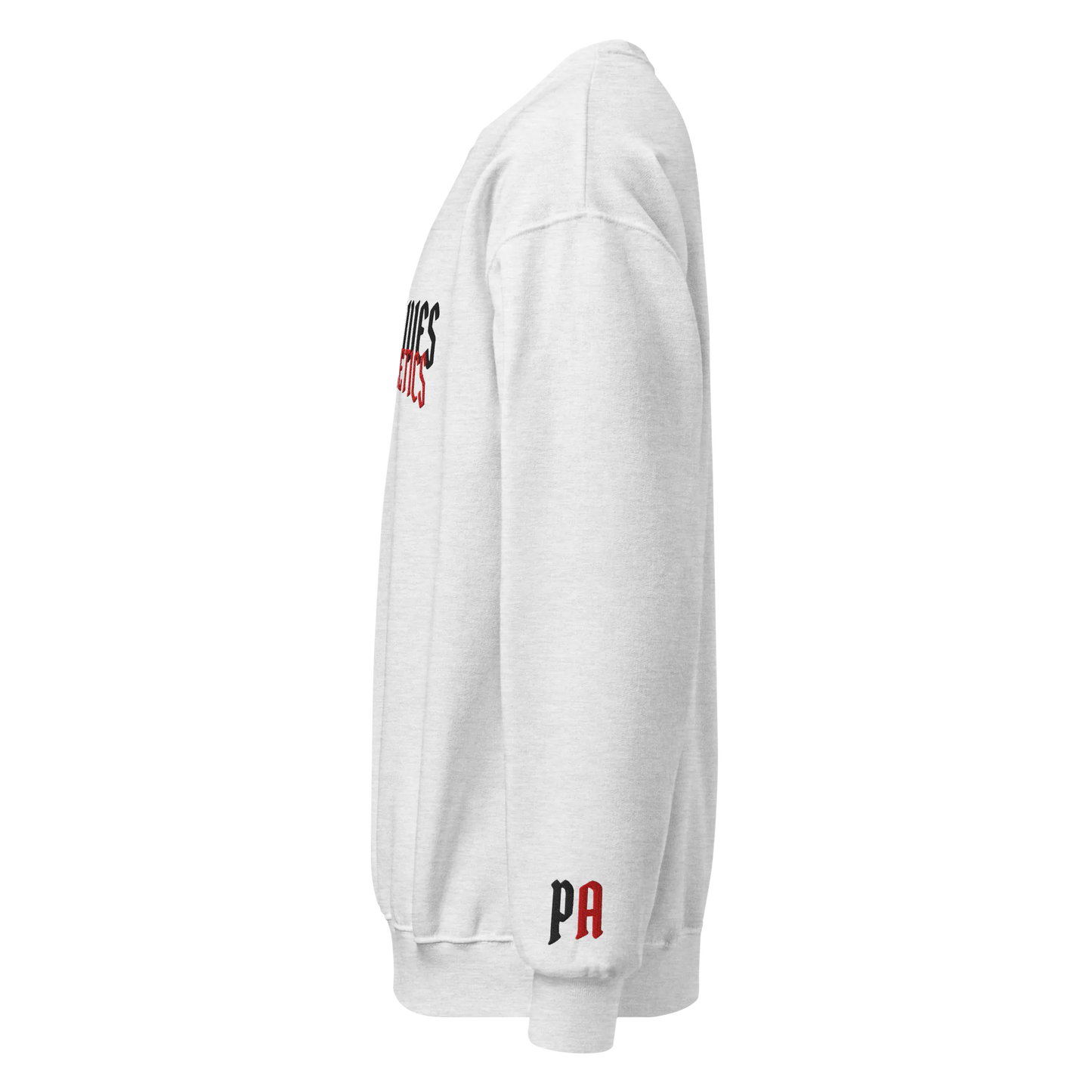 White sweatshirt with text on the sleeve against a white background