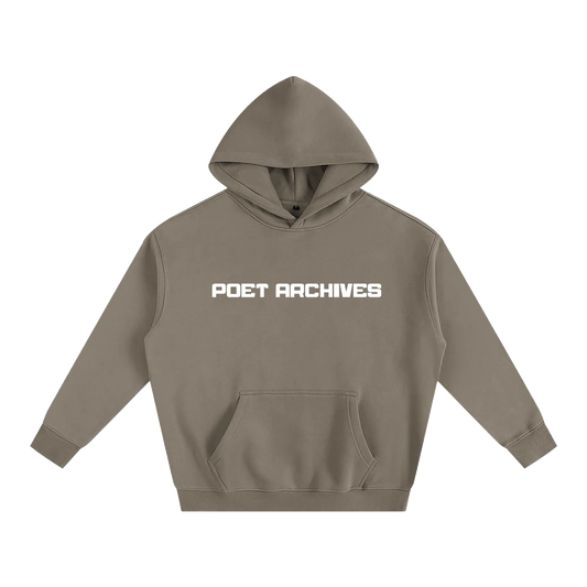 Brown hoodie with 'POET ARCHIVES' text on a white background