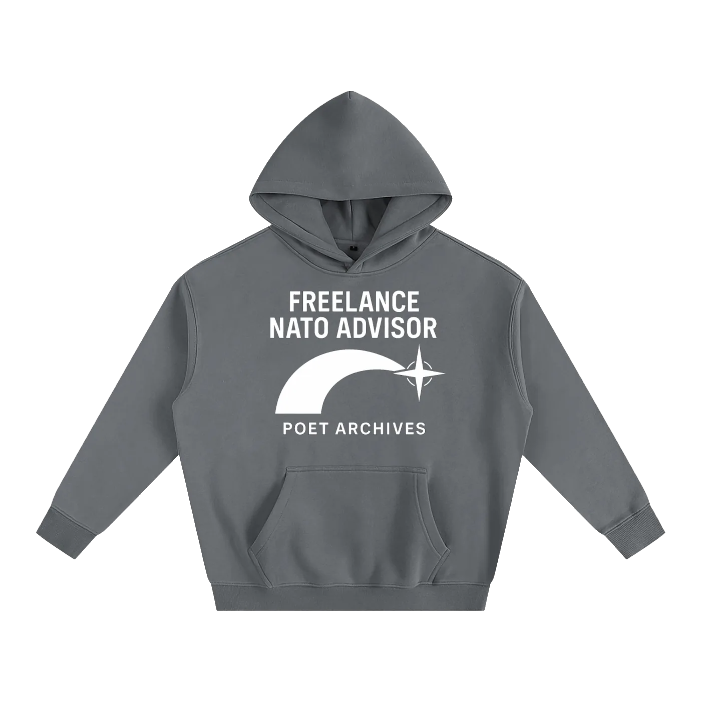 Gray hoodie with 'Freelance NATO Advisor' text and logo on a white background