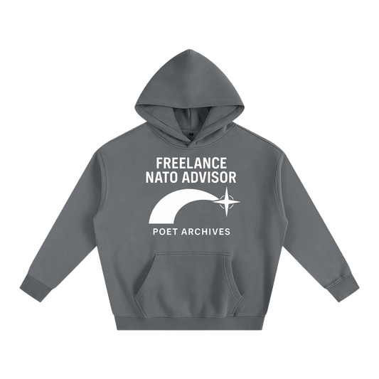 Gray hoodie with 'Freelance NATO Advisor' text and logo on a white background