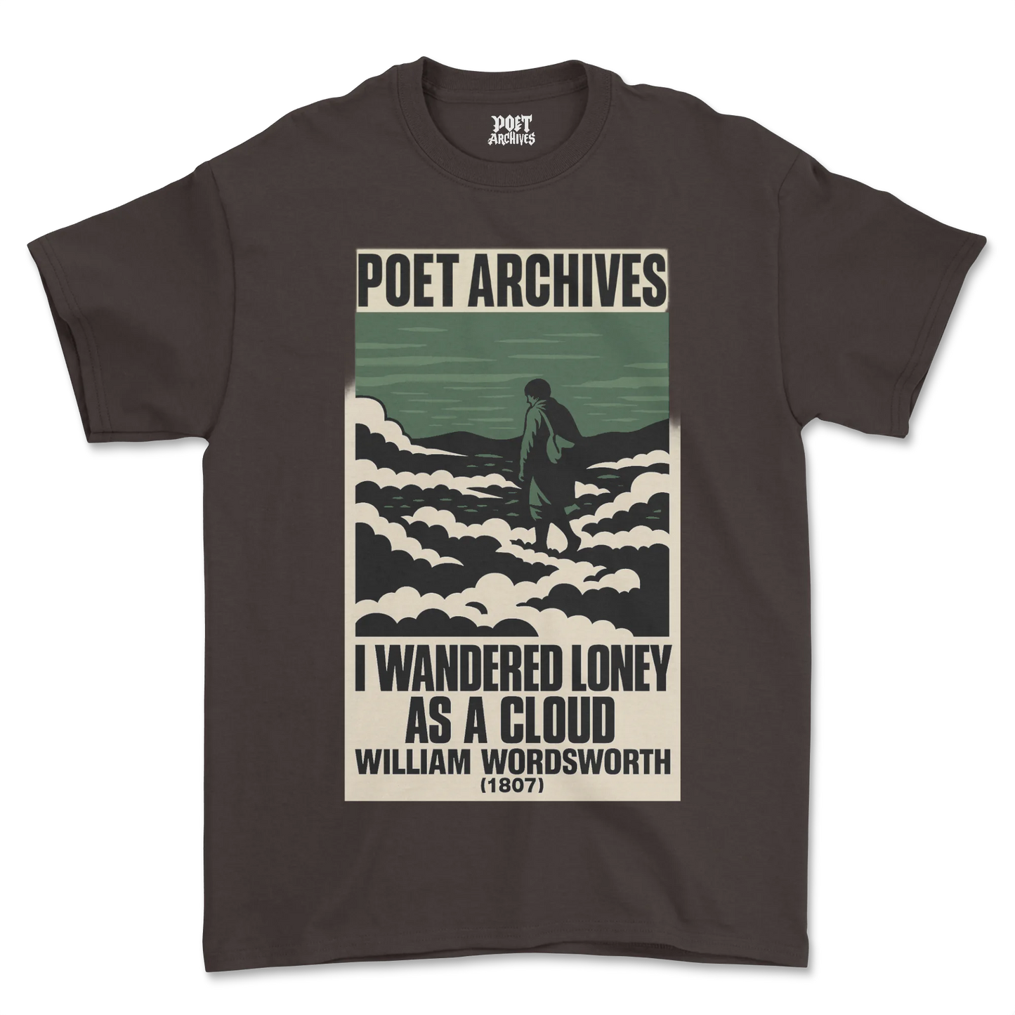 Brown t-shirt with 'Poet Archives' design featuring a person walking on clouds and William Wordsworth quote.