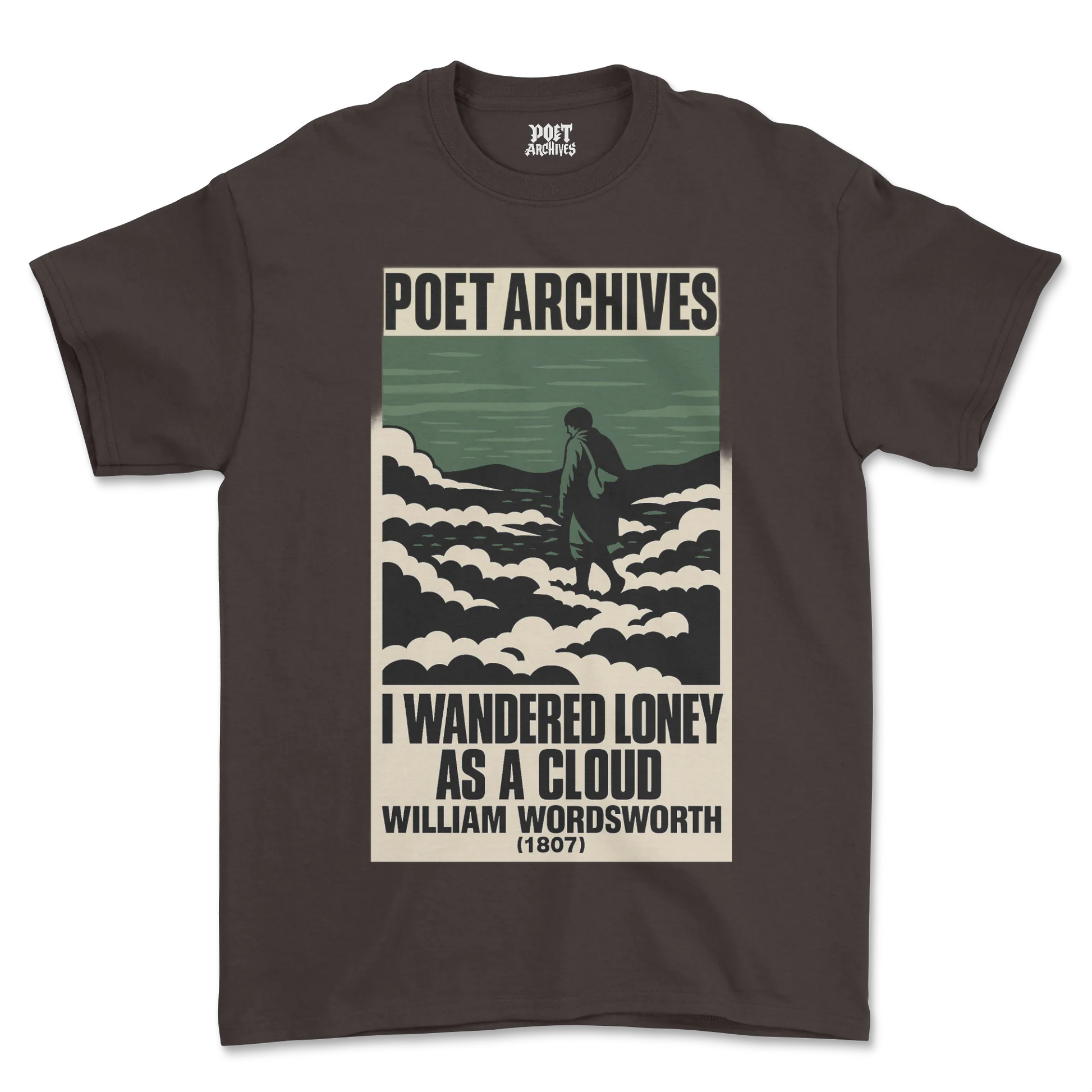 Brown t-shirt with 'Poet Archives' design featuring a person walking on clouds and William Wordsworth quote.