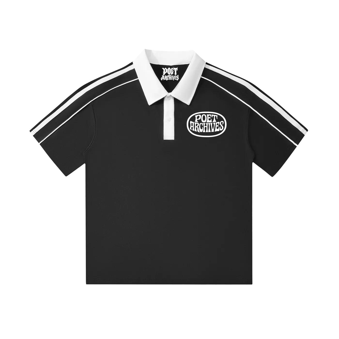 Poet Archives clean polo logo contrast collar shirt in black. 100% cotton, minimal streetwear with punk, goth, and emo styling.