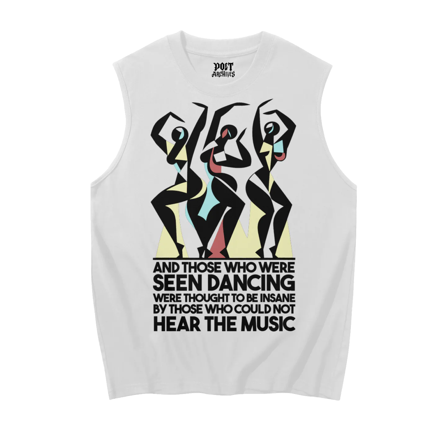 White sleeveless shirt with artistic design and text on a white background