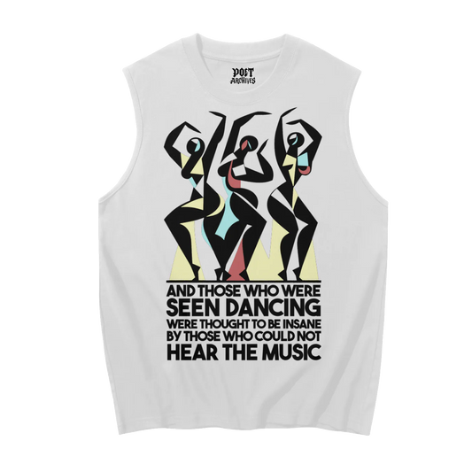 White sleeveless shirt with artistic design and text on a white background