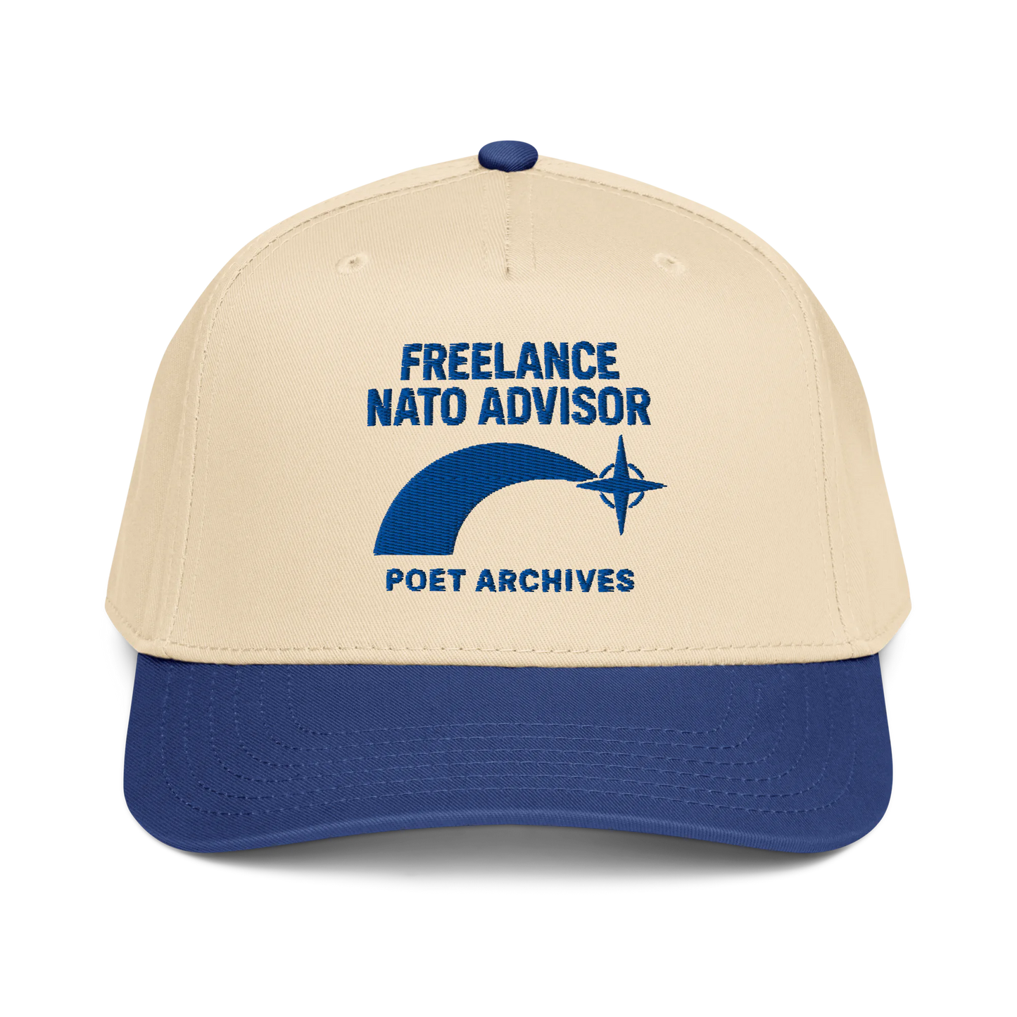 Beige and blue cap with 'Freelance NATO Advisor' text and Poet Archives logo on a white background