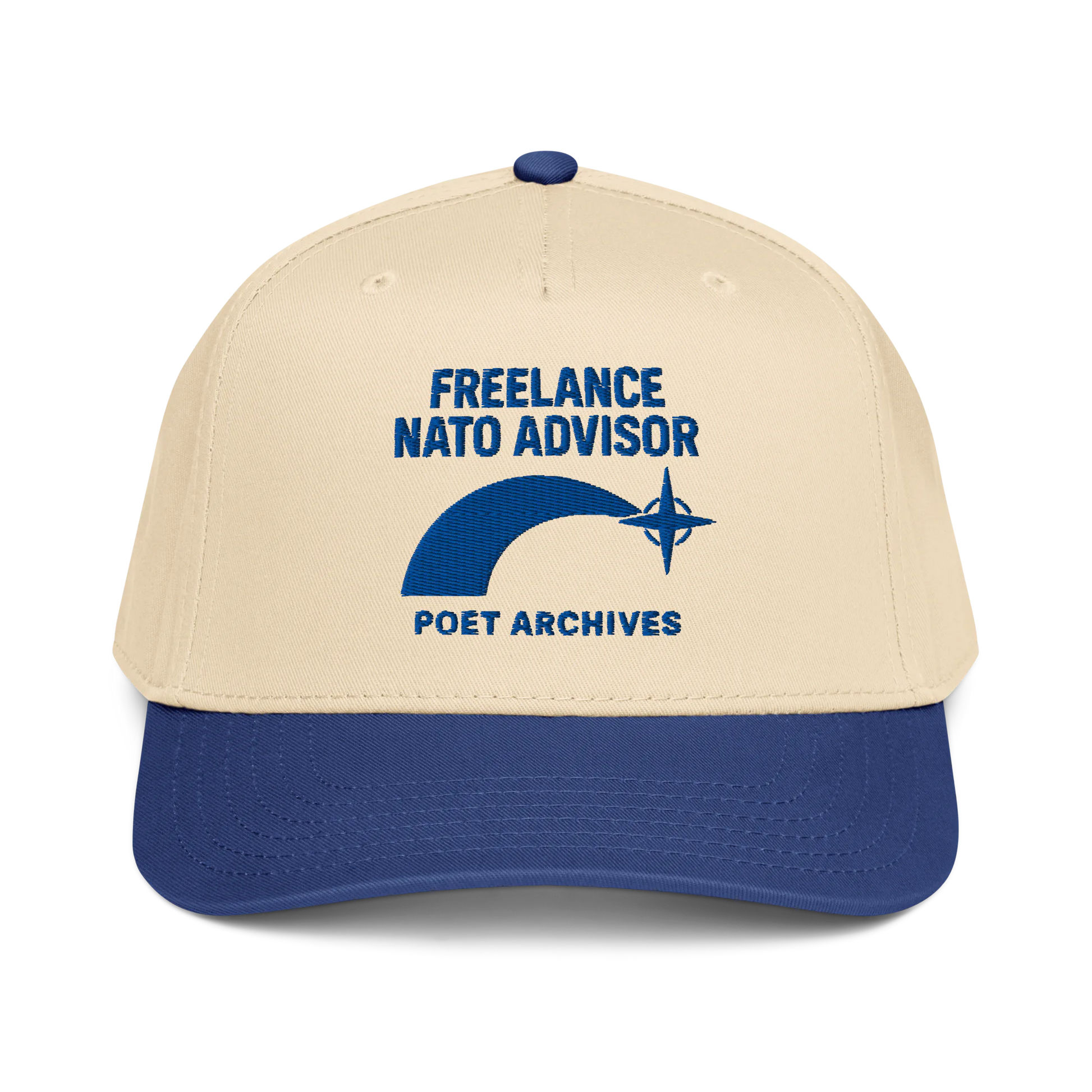 Beige and blue cap with 'Freelance NATO Advisor' text and Poet Archives logo on a white background