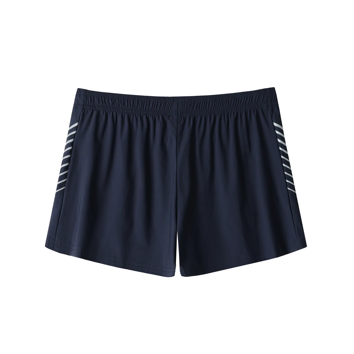 Navy blue shorts with white stripes on a white background