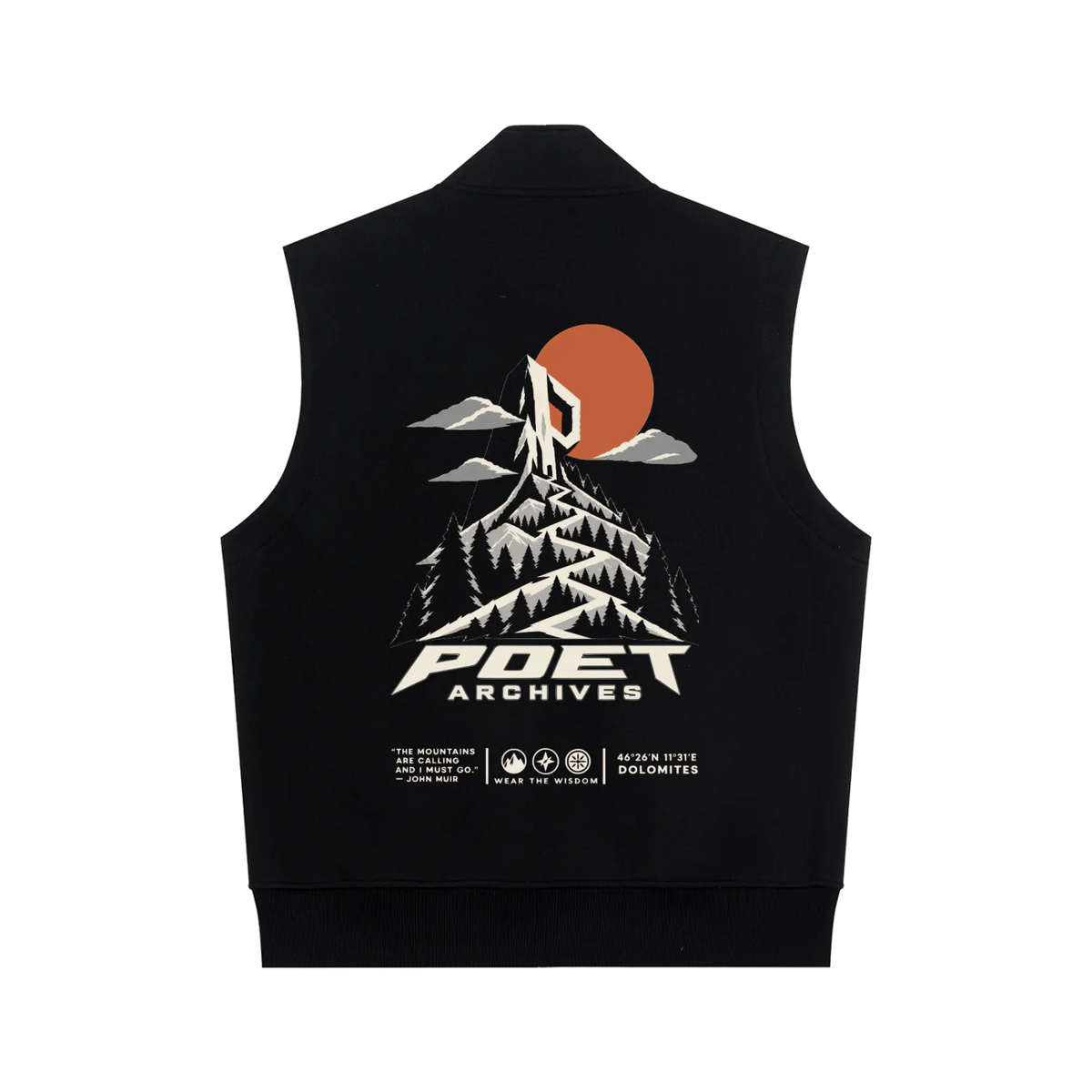 Black Dolomites-inspired hiking vest shown from the back with Dolomites mountain graphic and coordinates