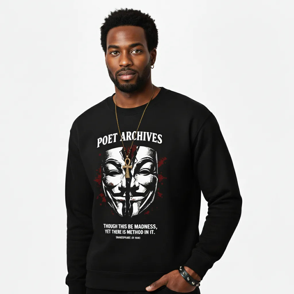 Man wearing a black sweatshirt with 'Poet Archives' design and text.