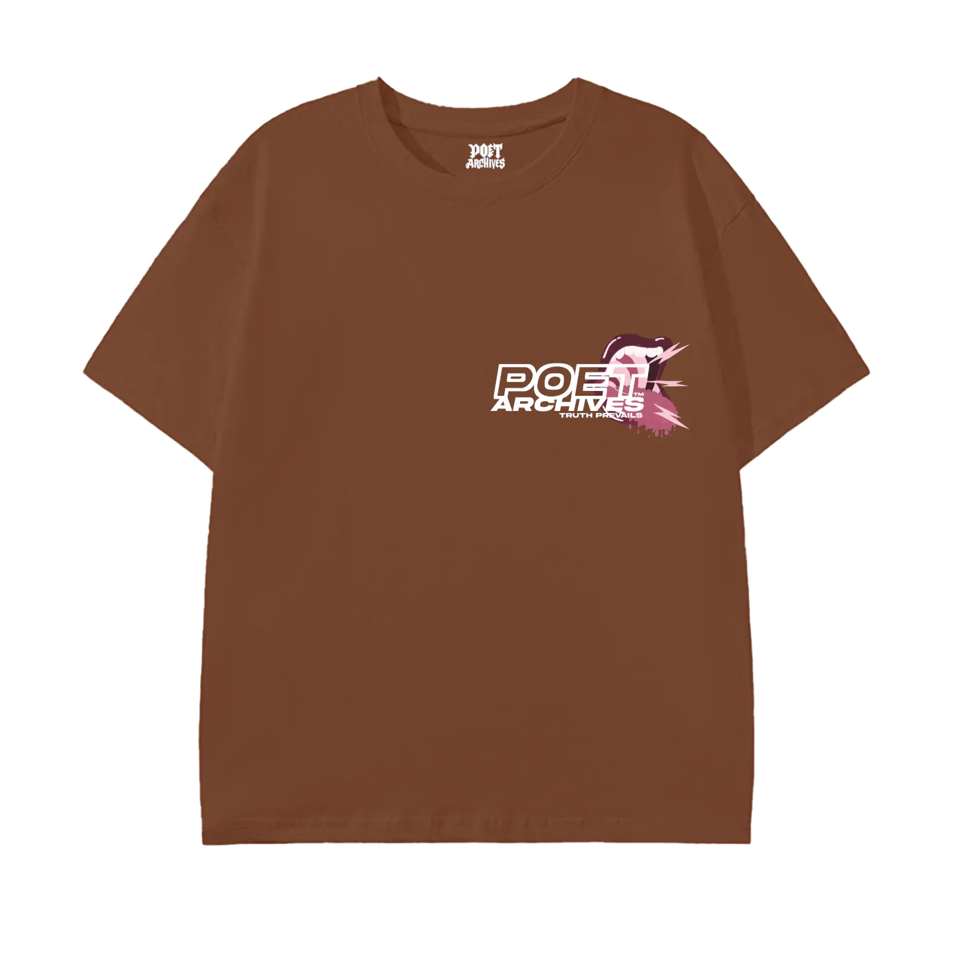 Brown t-shirt with a logo on the chest against a white background