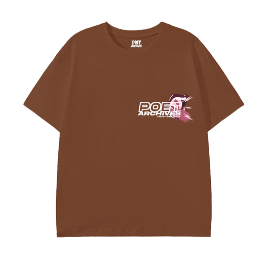 Brown t-shirt with a logo on the chest against a white background