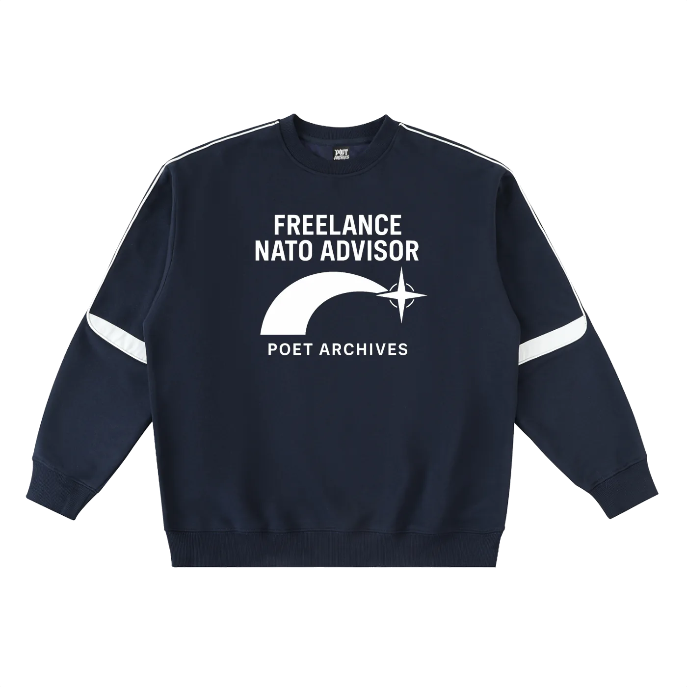 Navy blue sweatshirt with white text and logo on a white background
