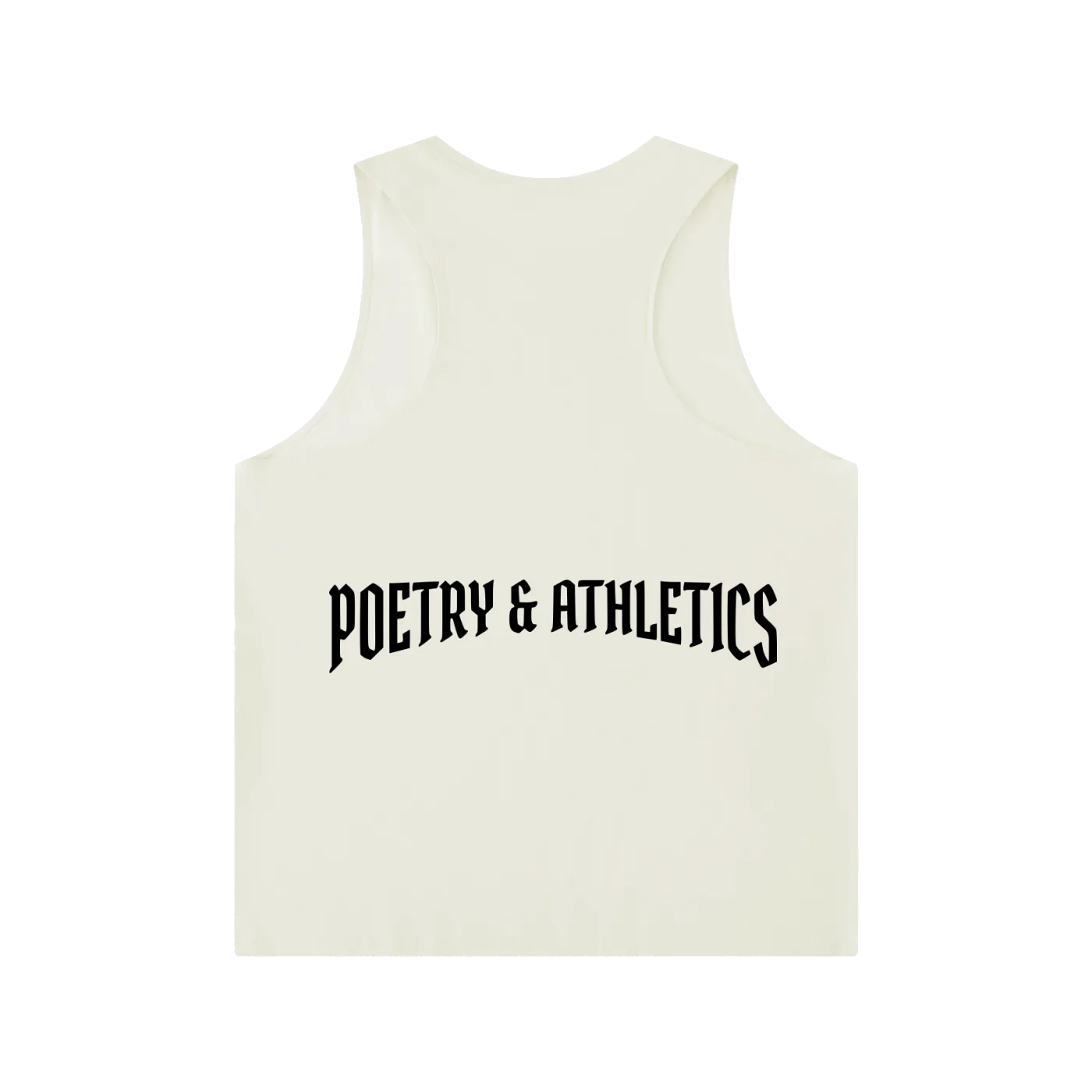 White tank top with 'POETRY & ATHLETICS' text on a white background