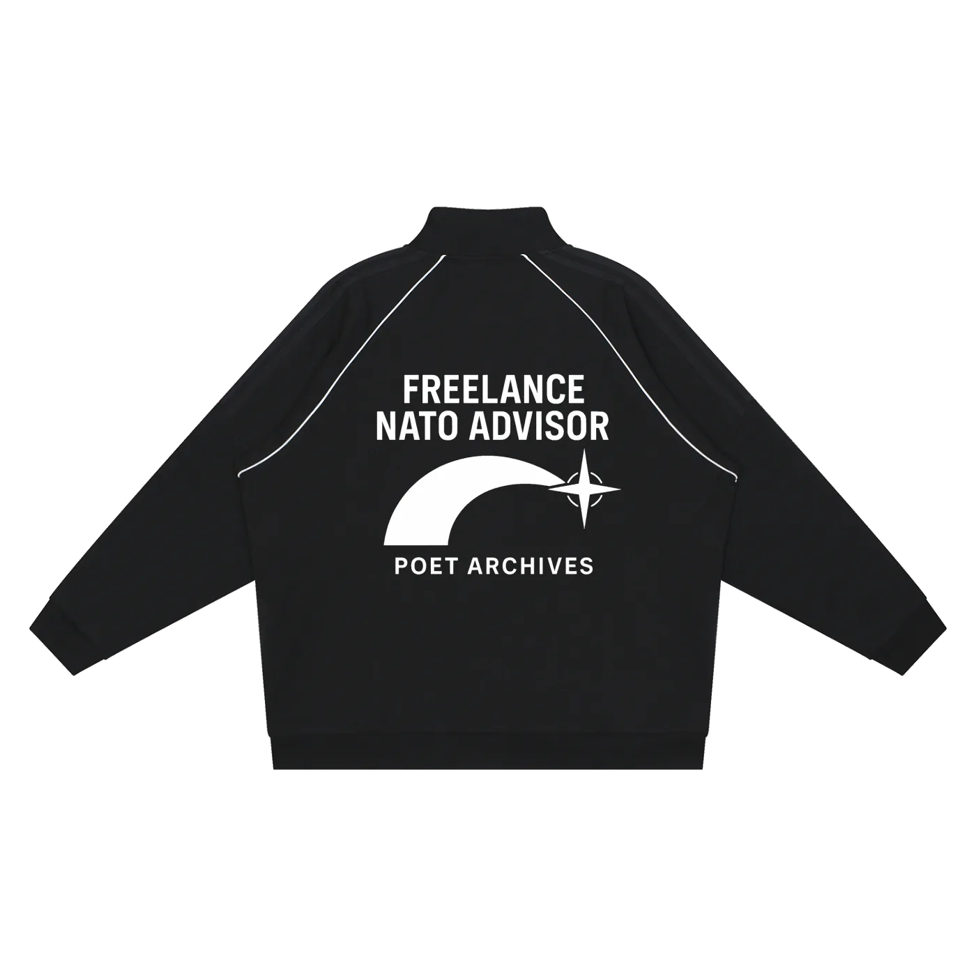 Black jacket with white text and logo on a white background