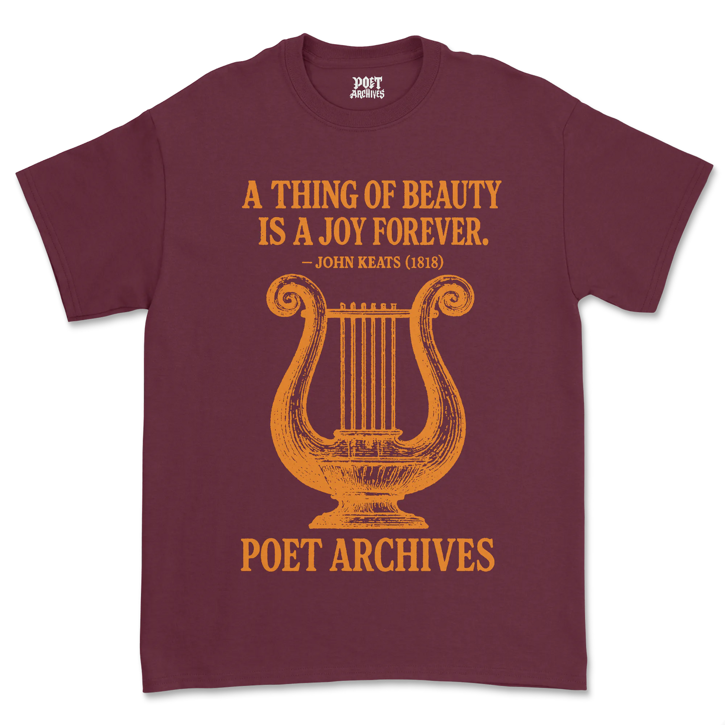 Maroon t-shirt with gold lyre design and text on a white background