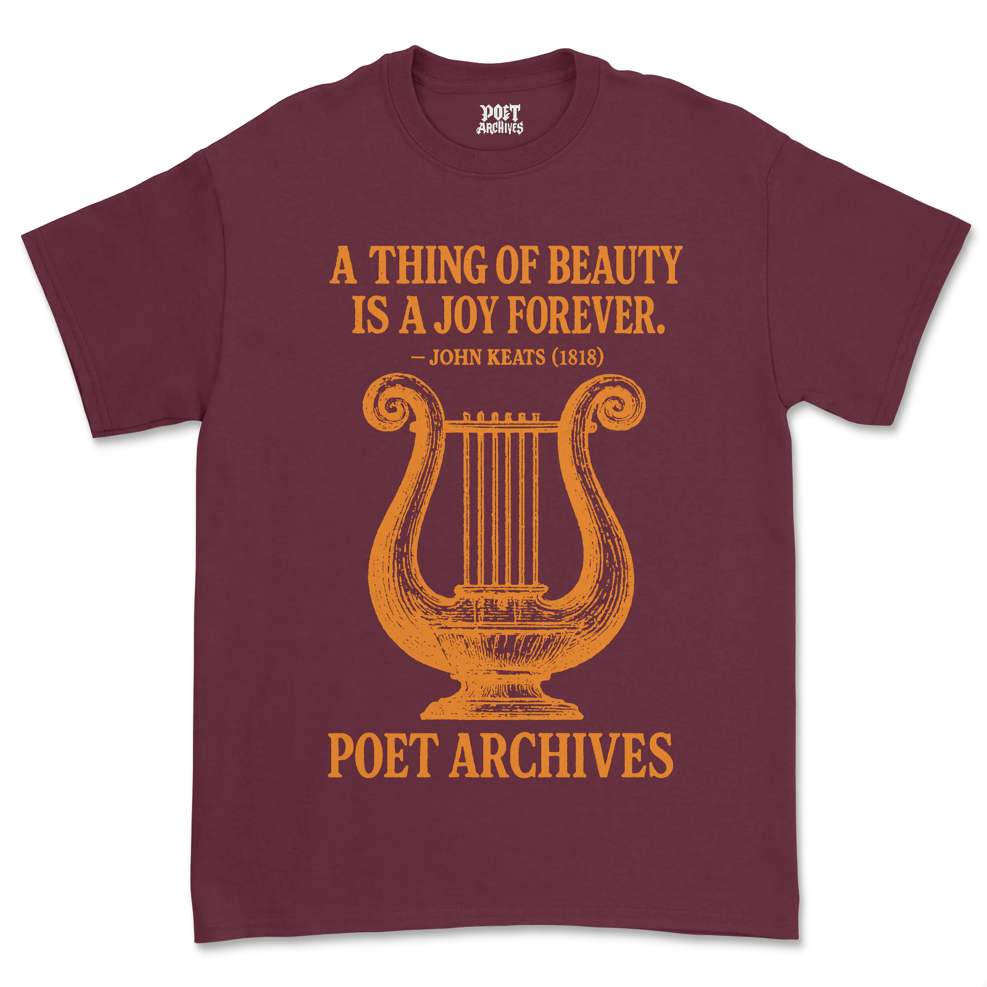 Maroon t-shirt with gold lyre design and text on a white background