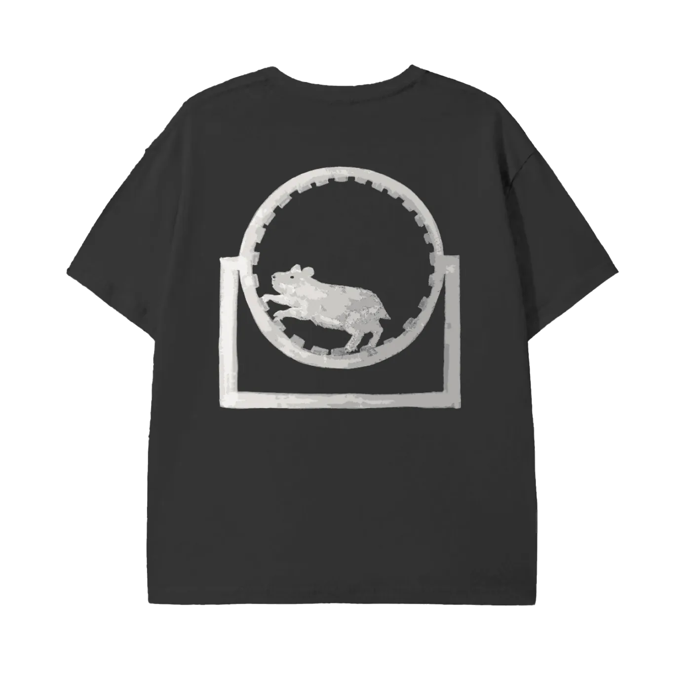 Black t-shirt with white graphic design on a white background