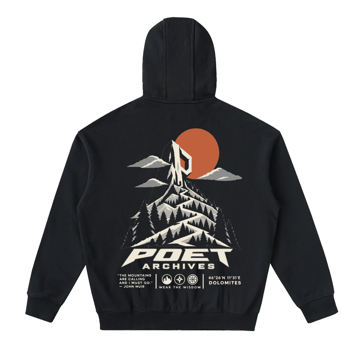 A black pullover hoodie shown from the back, featuring a large graphic print of a mountain and pine forest with an orange sun and the text 'POET ARCHIVES'.