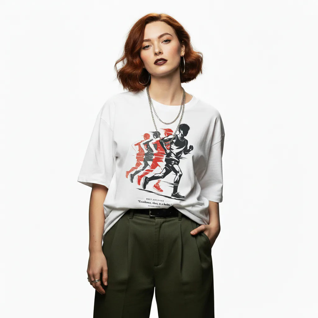 Woman wearing a white t-shirt with graphic design and green pants on a white background