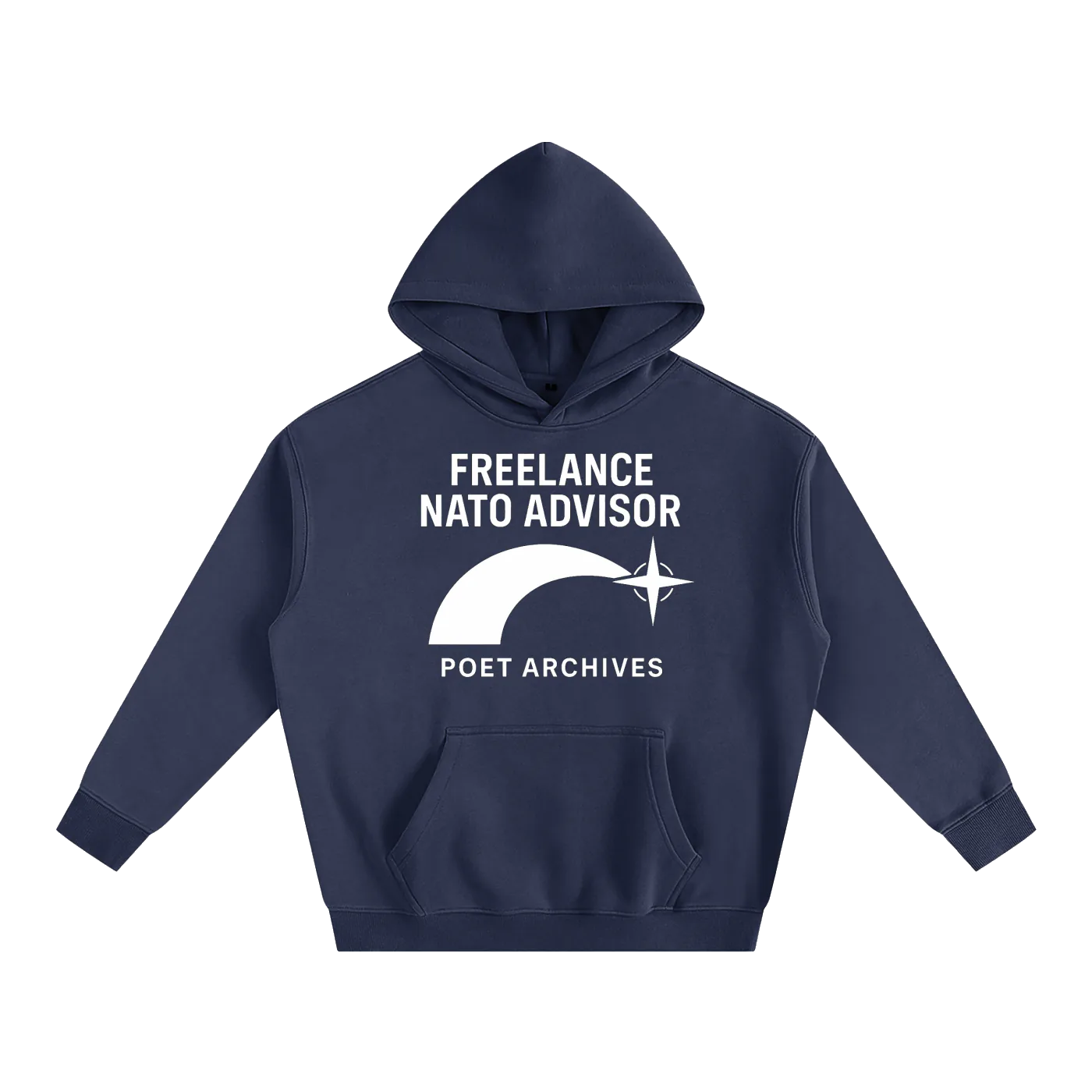 Navy blue hoodie with 'Freelance NATO Advisor' text and logo on a white background