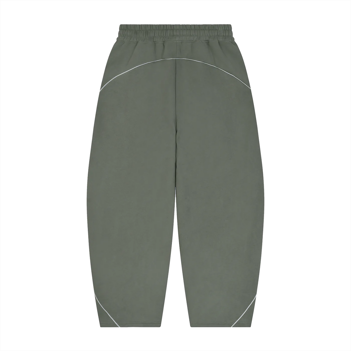 A pair of wide-leg athletic pants in a muted sage green color, featuring white contrast stitching along the curved seams and an elastic waistband, shown against a plain white background.