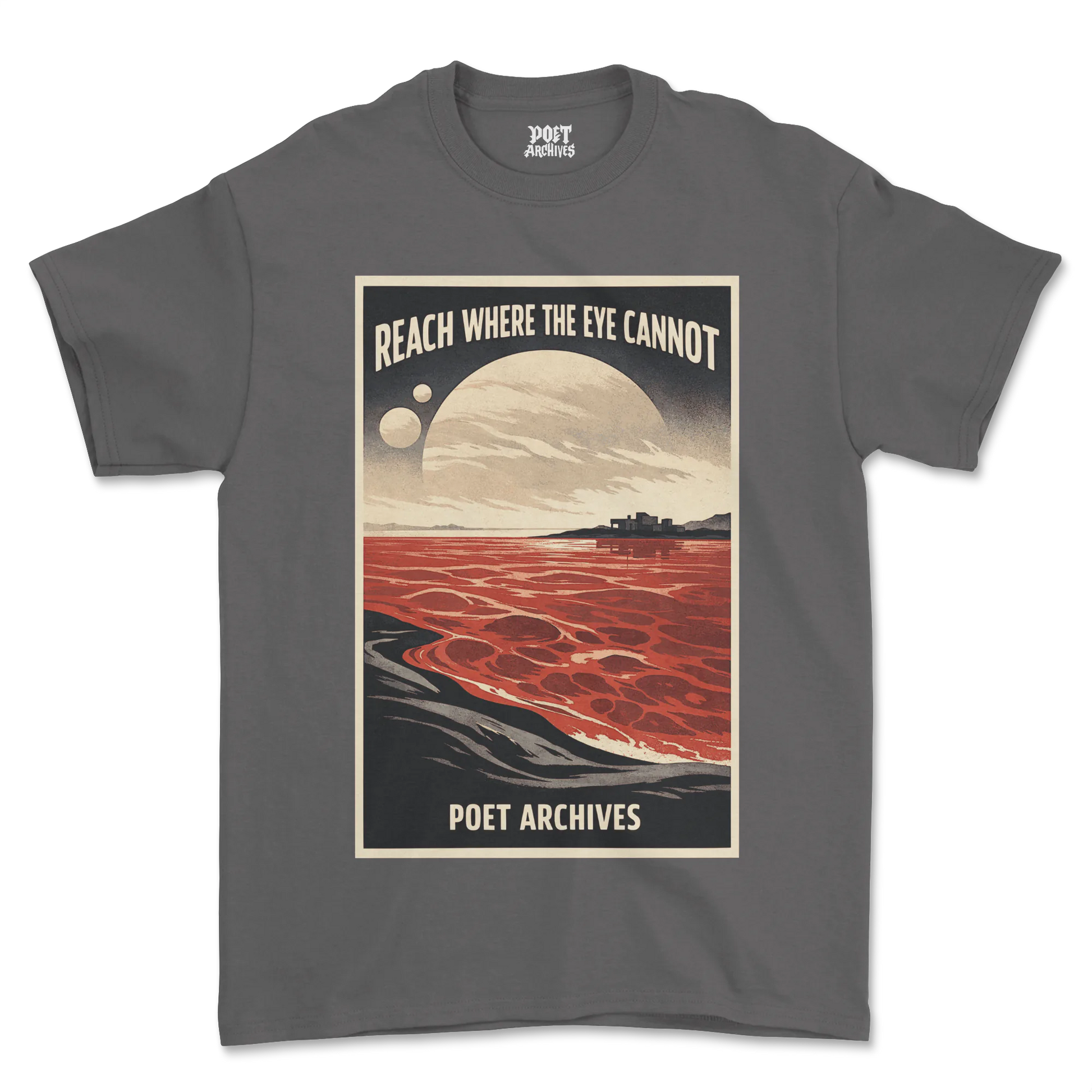 Gray t-shirt with a graphic design featuring text and a landscape on a white background