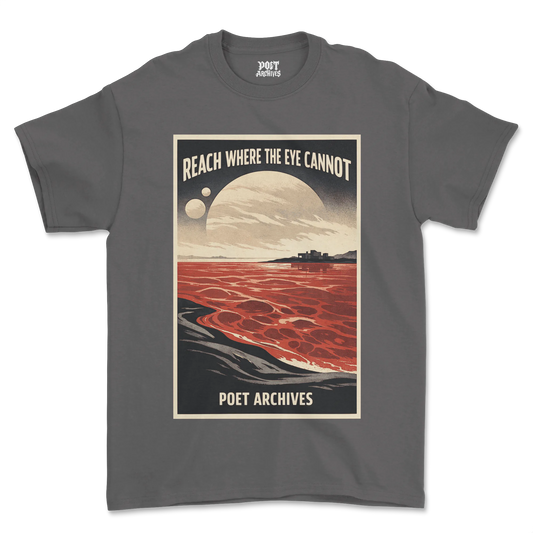 Gray t-shirt with a graphic design featuring text and a landscape on a white background