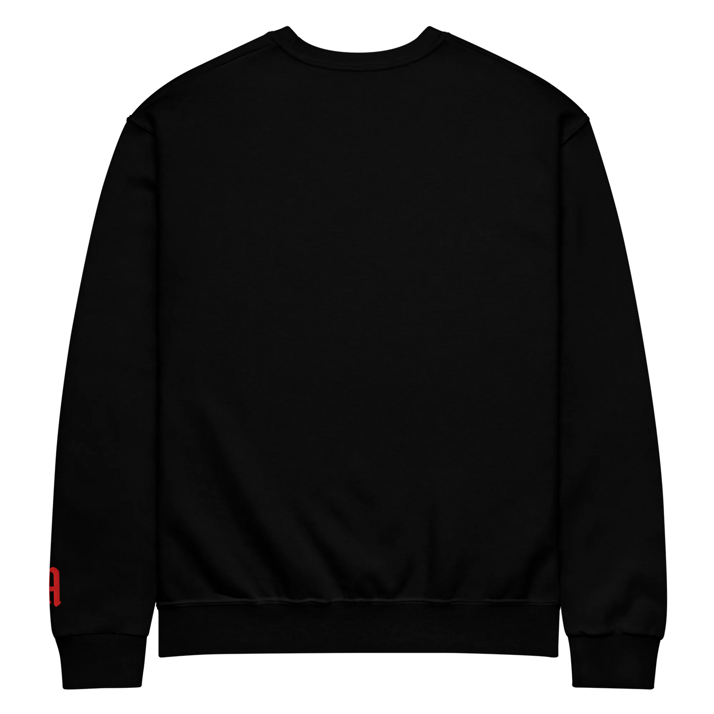 Black sweatshirt with a red tag on sleeve against a white background