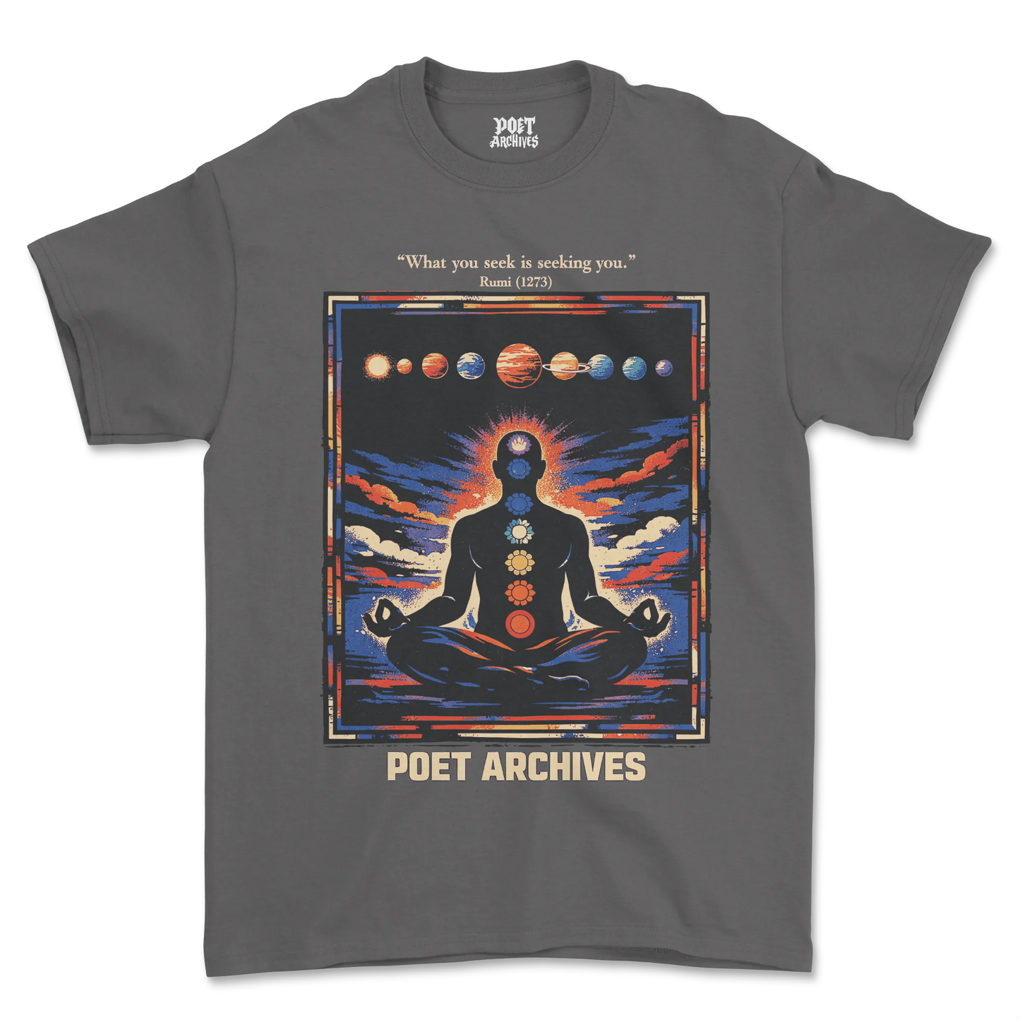 Gray t-shirt with a graphic design of a meditating figure and planets, featuring 'Poet Archives' branding.