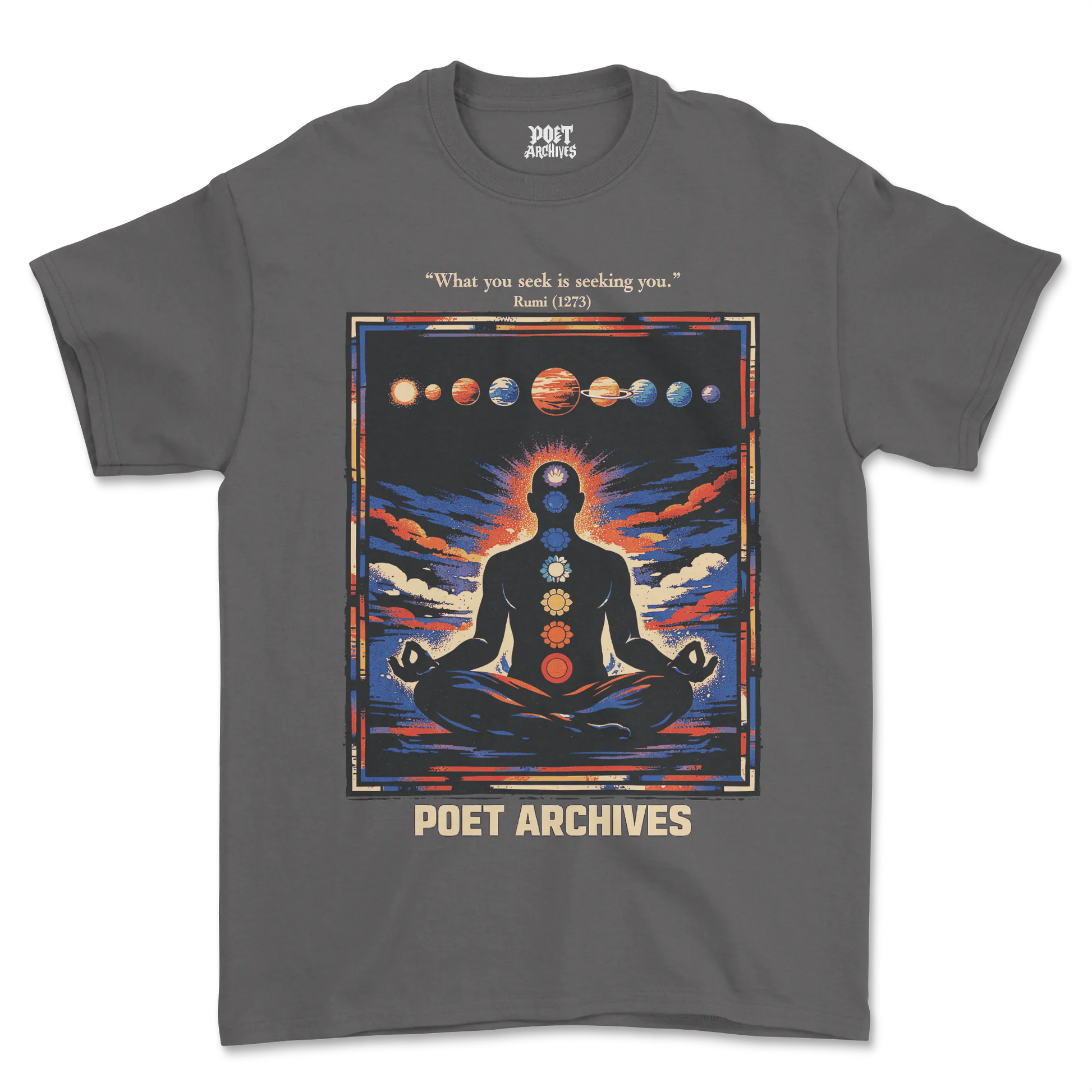 Gray t-shirt with a graphic design of a meditating figure and planets, featuring 'Poet Archives' branding.
