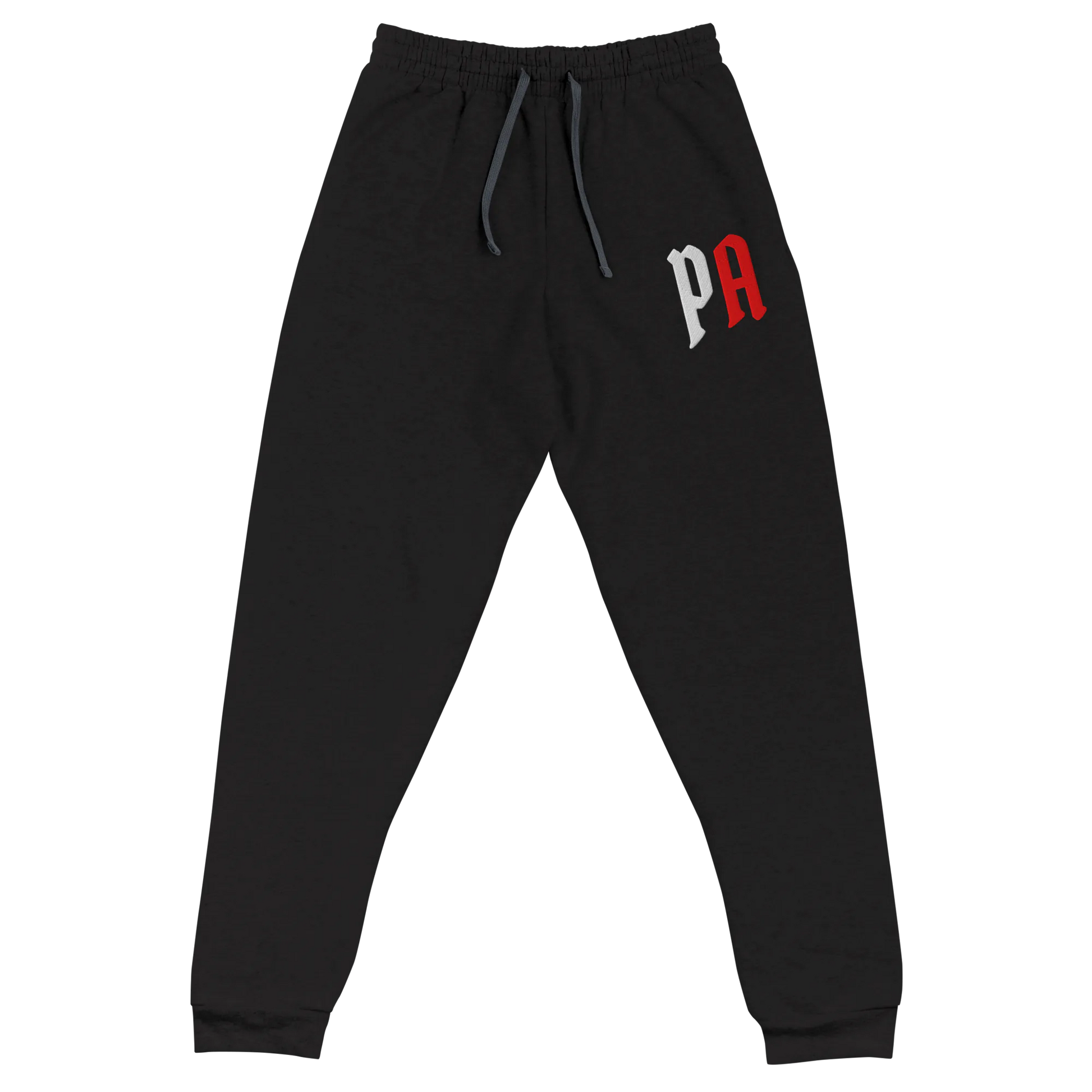 Black sweatpants with a red and white logo on a white background