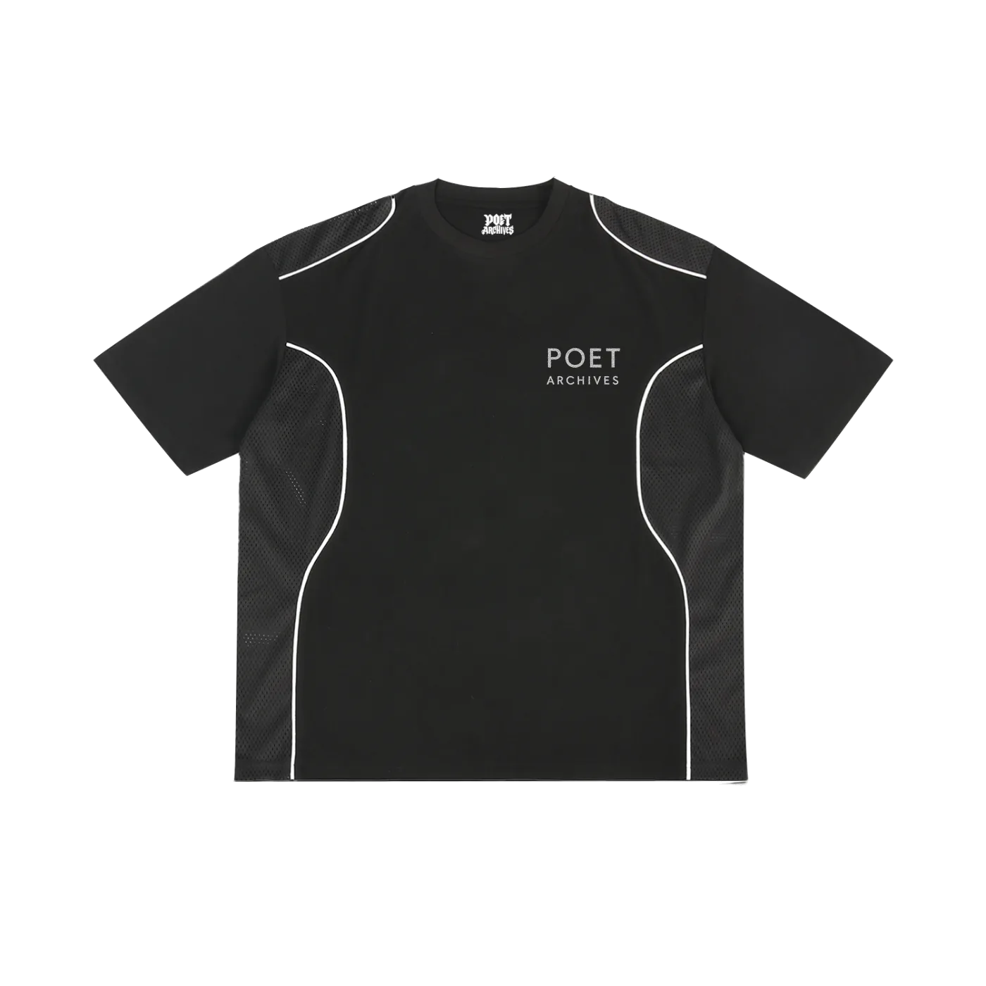 Black athletic shirt with white accents and 'POET ARCHIVES' branding on a white background